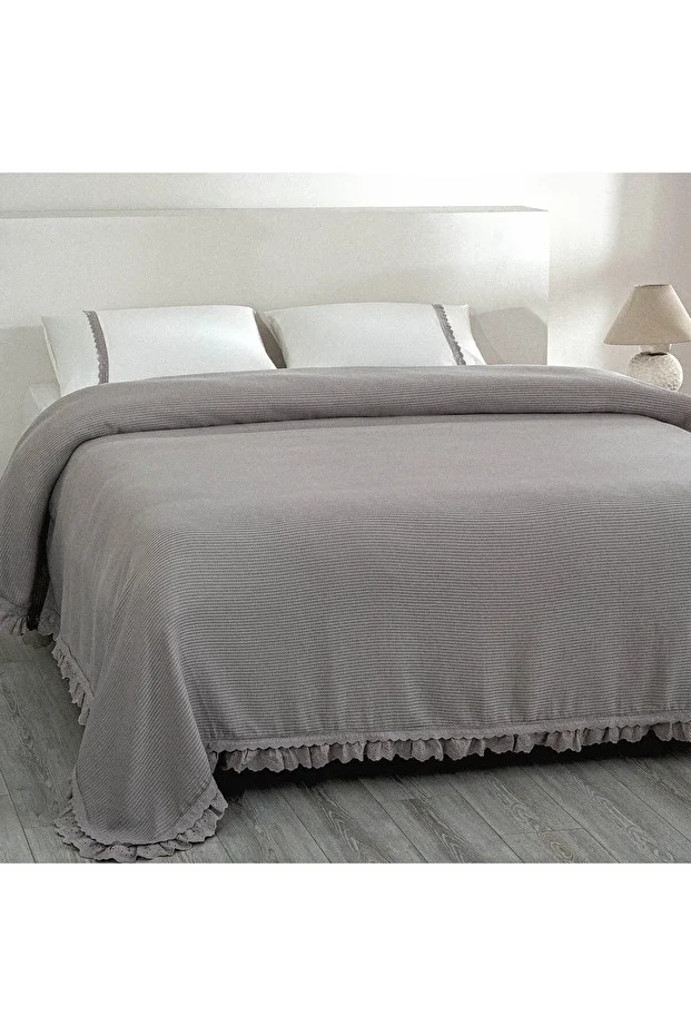 Alessa Çift Kişilik Pike Takımı %100 Organik Pamuk Jakarlı Gri 220x240 Cm