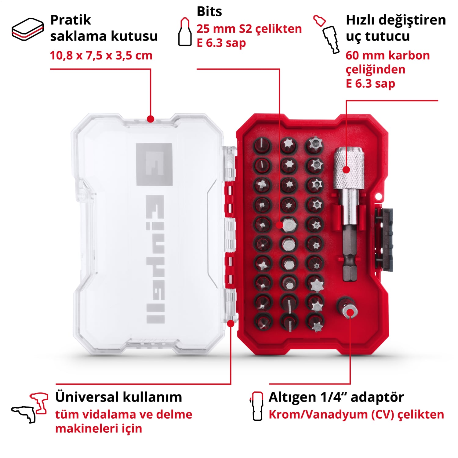EİNHELL XS-CASE 32 Parça Uç Seti (25 Mm Uçlar, 60 Mm Hızlı Değiştirilebilir Uç Tutucu, Lokma Adaptör, Saklama Kutusu Dahil) - 49118693