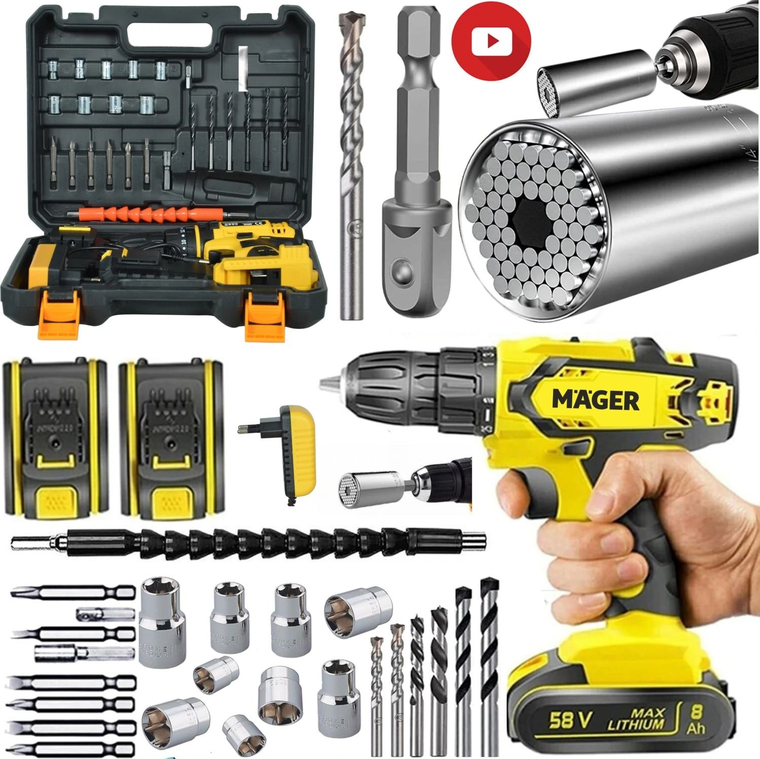 Darbeli Metal Şanzıman 58 Watt 8 Ah Li-Ion Bataryalı Çift Akülü Şarjlı Matkap Gator Grip 2 Li Soket Hediye