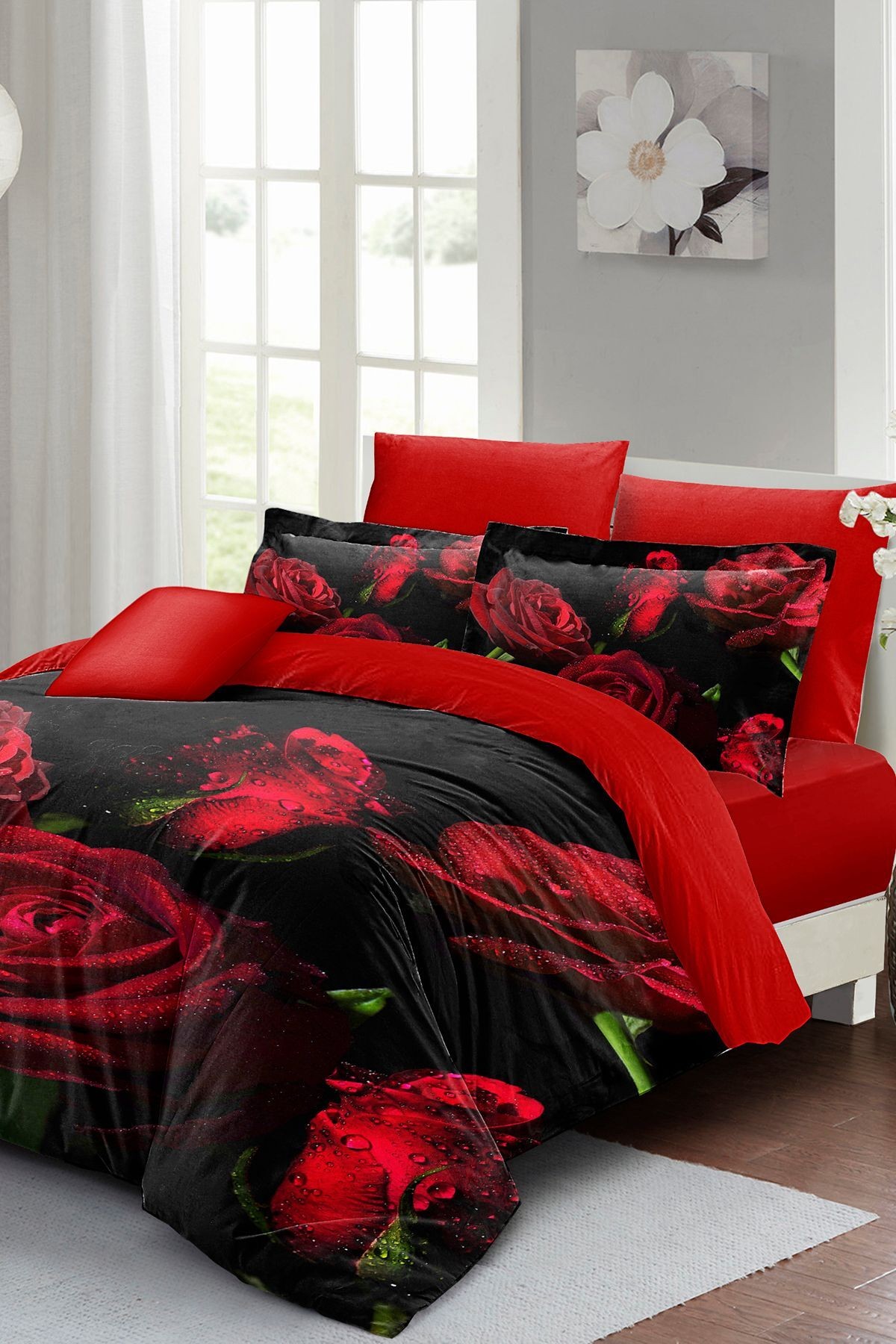 Nevresim Takımı %100 Doğal Pamuk Çift Kişilik 3d Digital Water Drop Rose