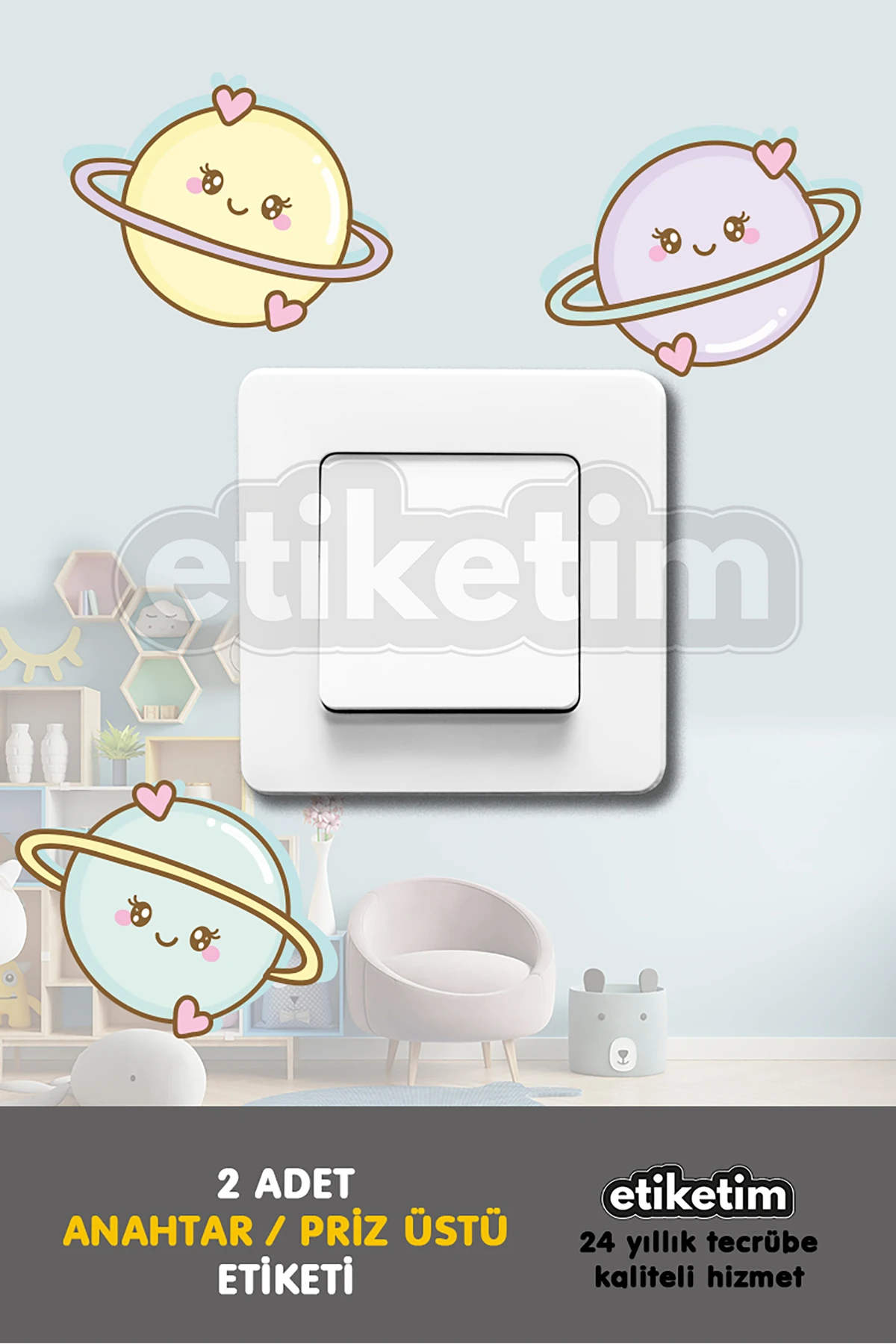 Priz Üstü Etiket Sevimli Gezegen Temalı Sticker 2'li Paket