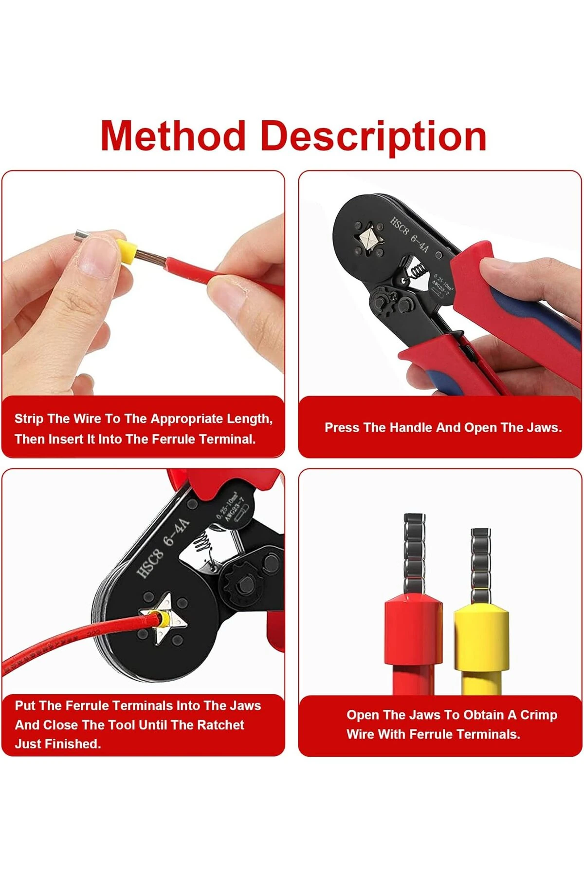 SE-3865-4 Yüksük Sıkma Pensesi.; - 6-4A ve 0.25-10mm² 23-10AWG Elektrik Teli Yüksük Sıkma Pensesi