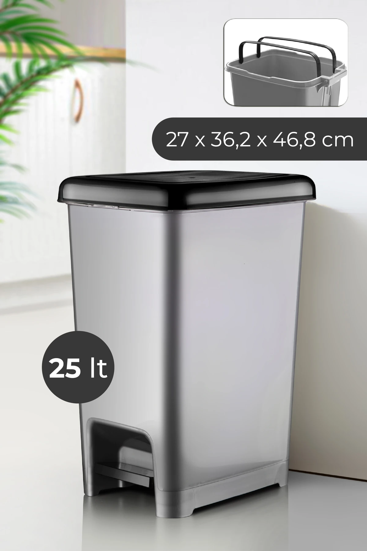 25 Lt Slim Pedallı Çöp Kovası Gri Siyah