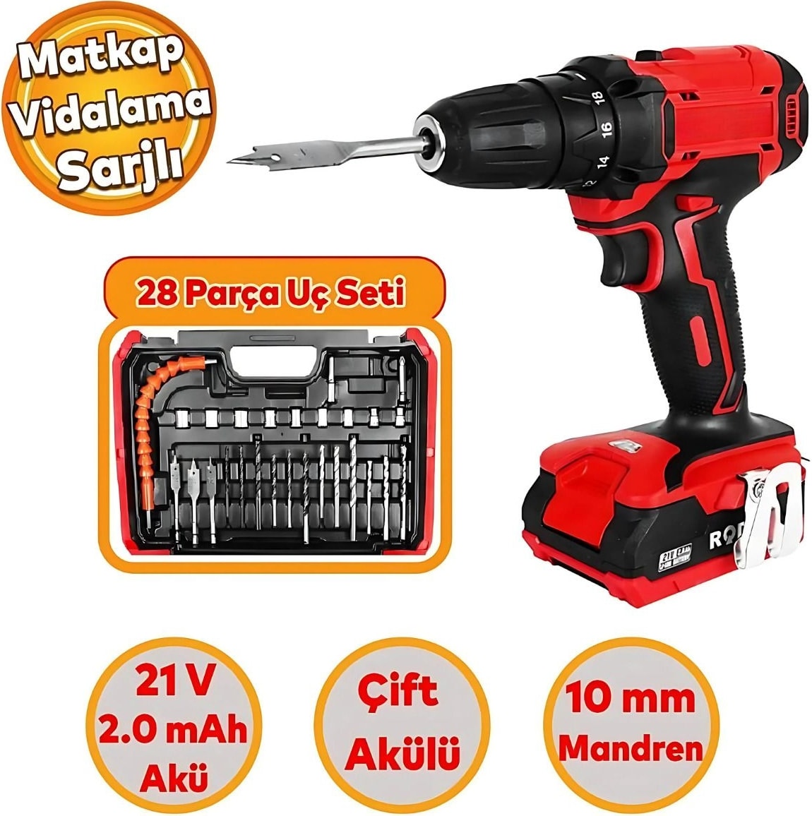 Darbeli Şarjlı Matkap Seti 2 Kademe 21V 17 Uç Çift Batarya Kırıcı Delici