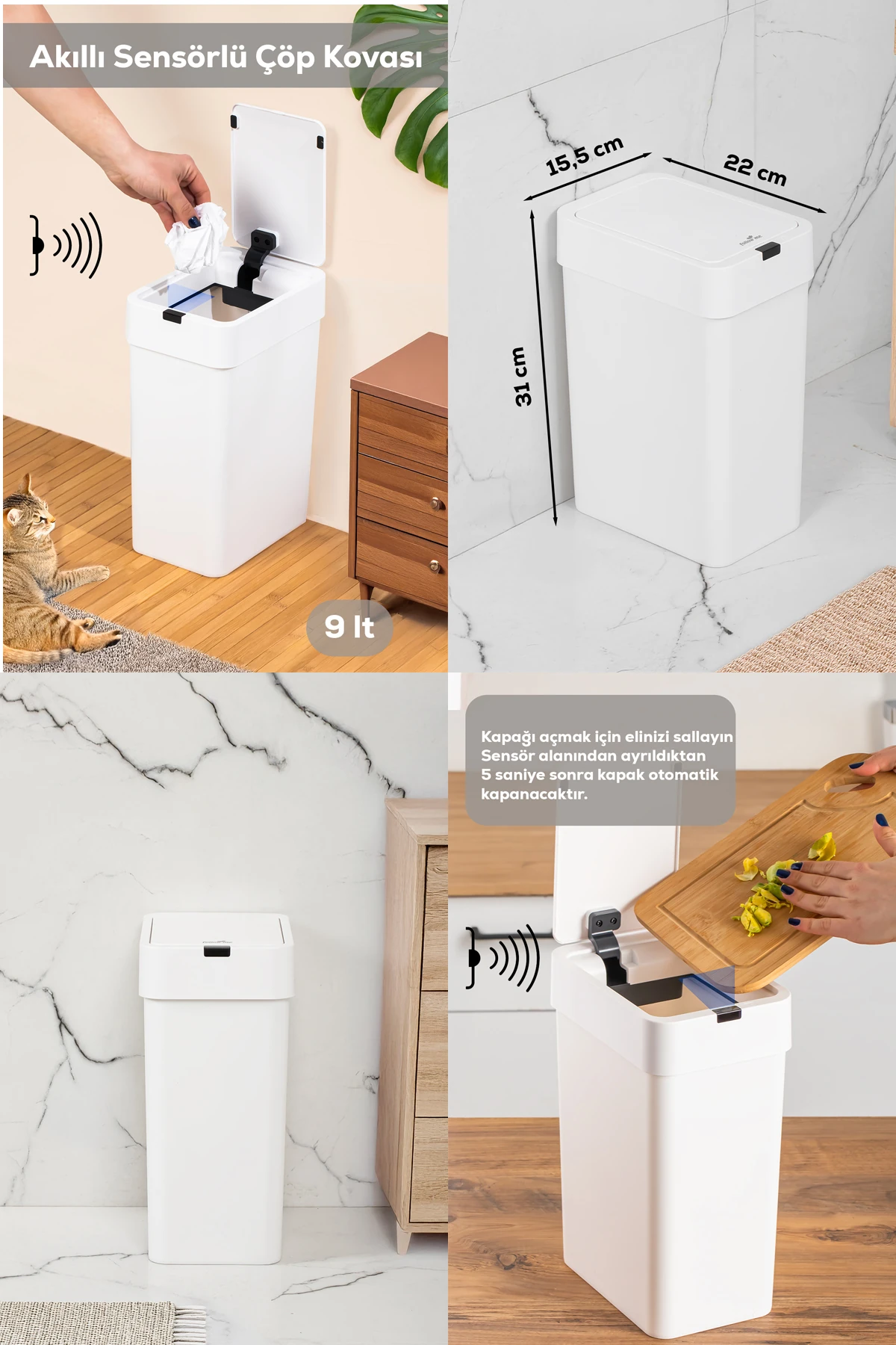 Hareket Sensörlü Sessiz Kapatma Çöp Kutusu Banyo Mutfak Çöp Kovası Kapaklı Banyo Çöp Kovası 9 Lt.