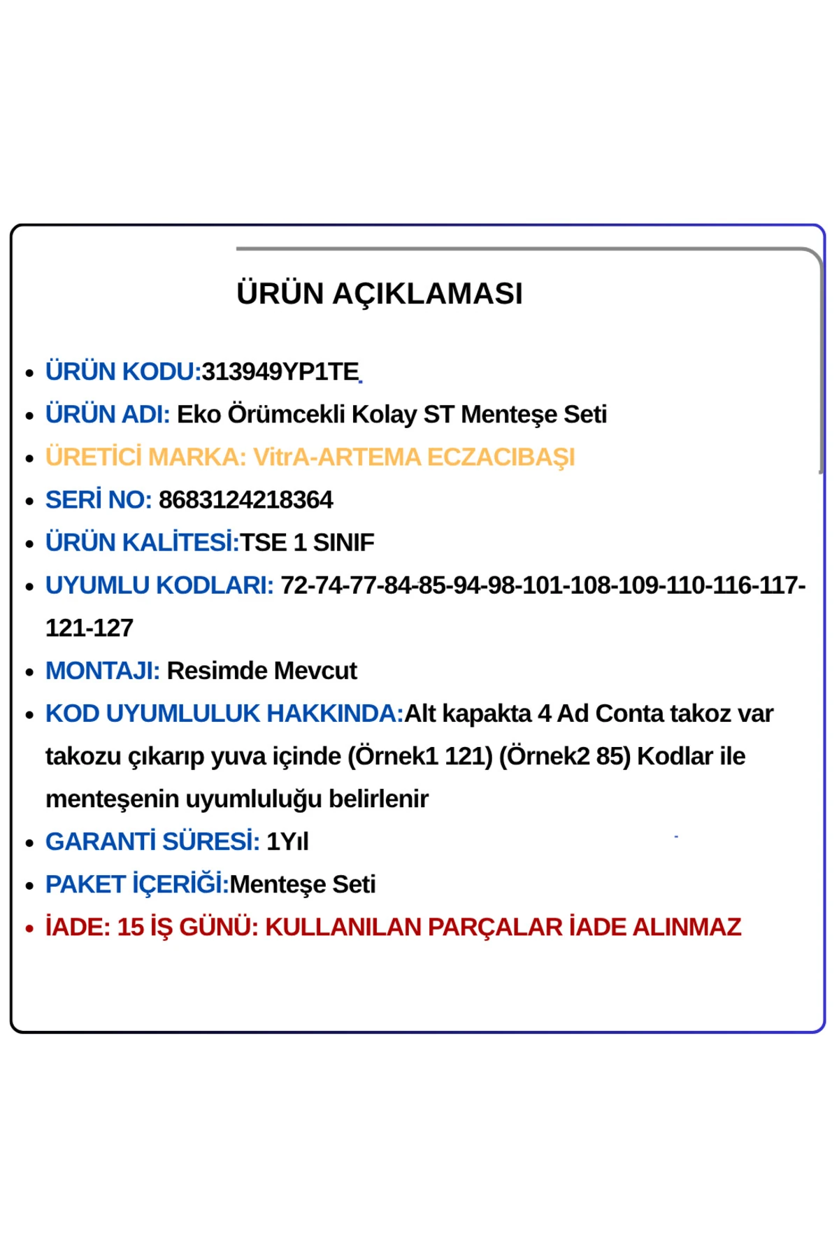 313939yp1te Yerine 313949yp1te Eko Örümcekli Kolay St Menteşe Seti