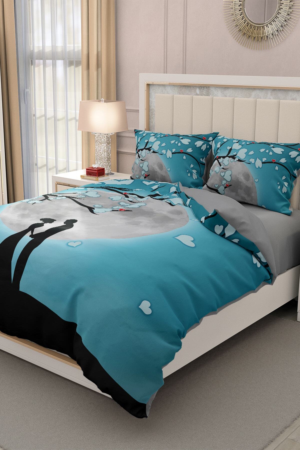 Kıng Sıze Sevgililer Günü Çift Kişilik Nevresim Takımı%100 Pamuk Saten Ay Işığı 220x240cm