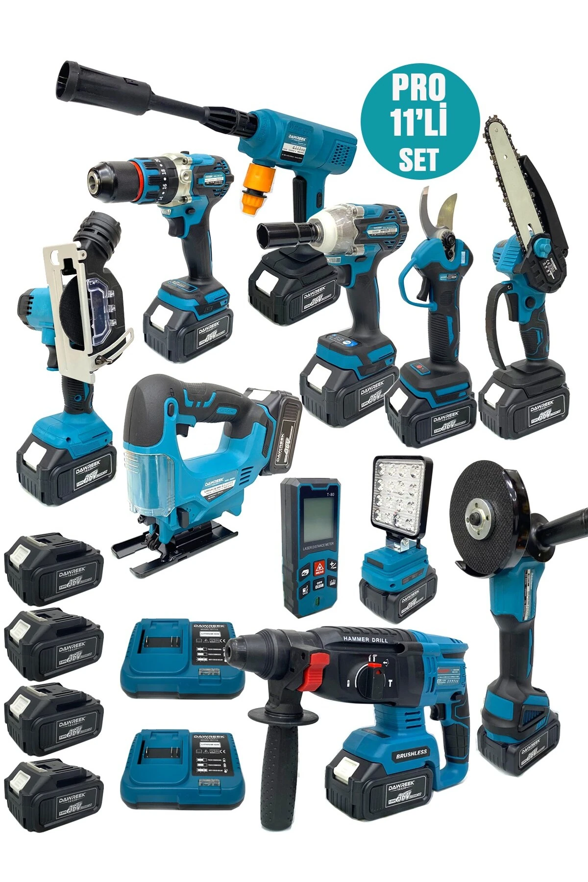 DawreekTech 11'li Şarjlı Pro Set Kırıcı-Taşlama-Matkap-Budama Makas Testeresi -Yıkama-