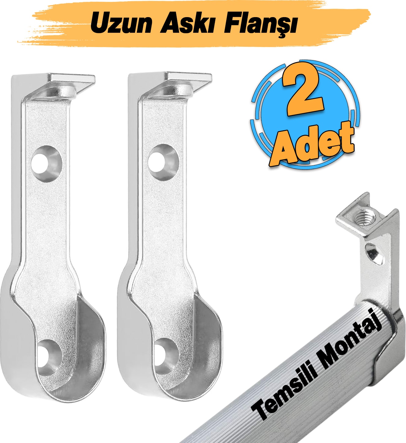 Uzun Askı Flanşı Dolap Boru Sabitleme Kıyafet Elbise Askı Flanş Aparatı Krom 60 mm (2 Adet)