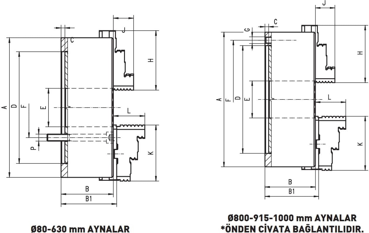 BIS.AYN.315 Bison DIN6350 3 Ayaklı Döküm Gövdeli Torna Aynası