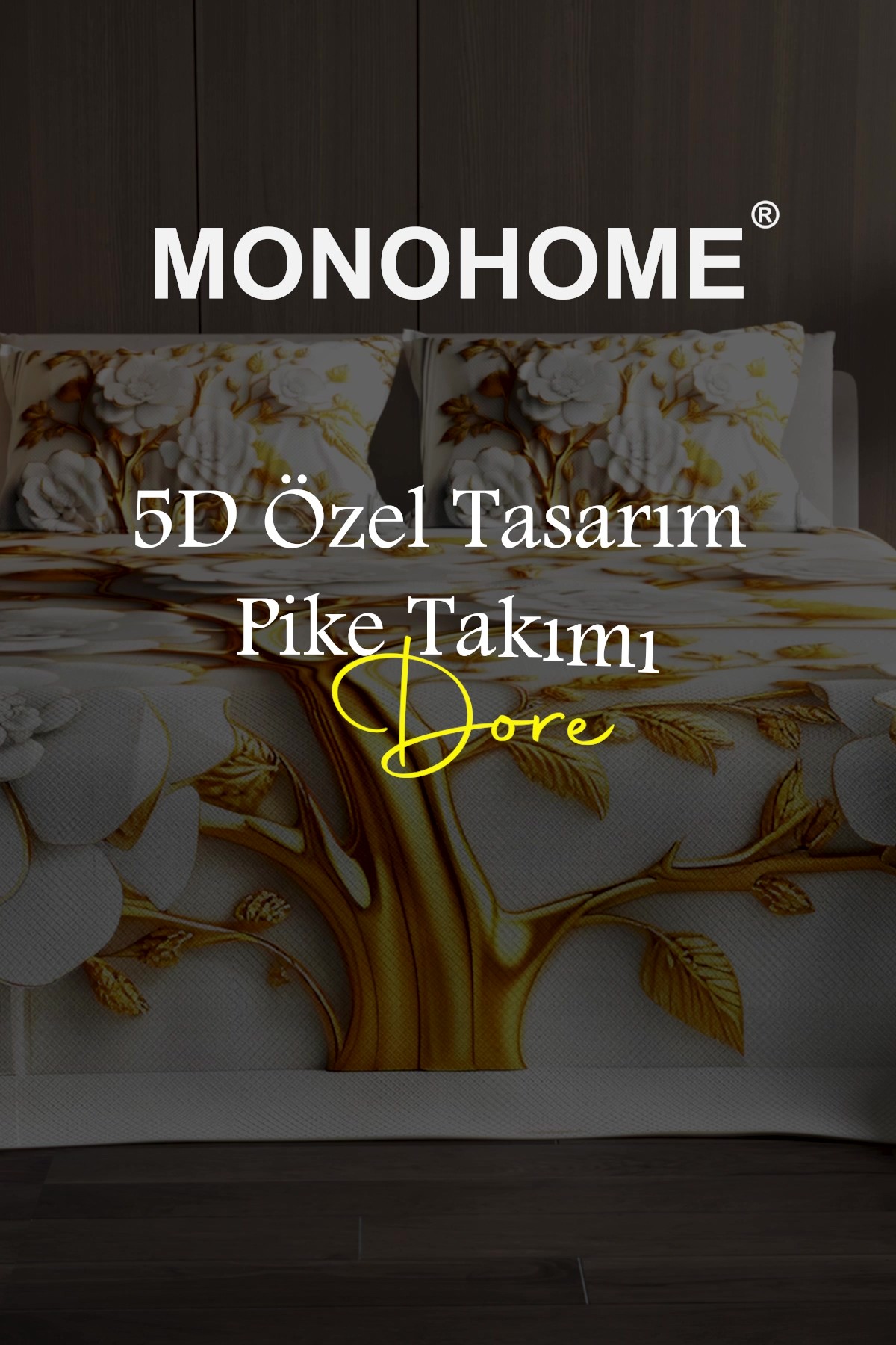 %100 Pamuk Çift Kişilik Pike Takımı Yatak Örtüsü Özel Dokuma Dore