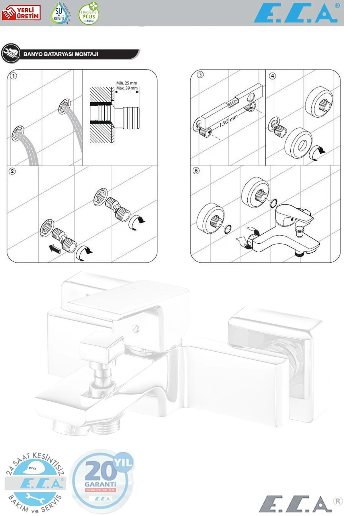 E.c.a Tiera Banyo Duş Bataryası Krom Banyo Bataryası 102102469 ( 20 Yıl Garantili )