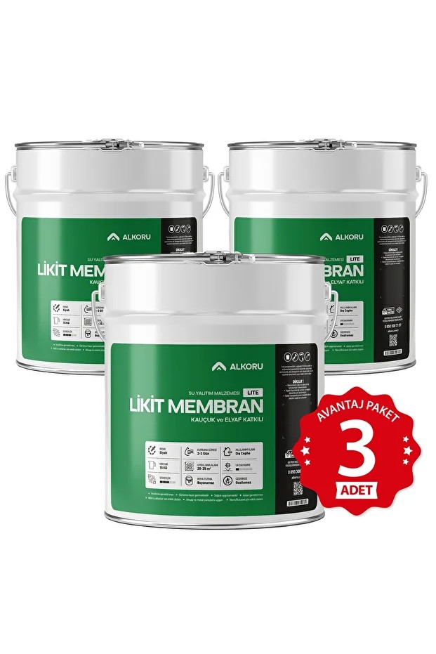 3 Adet 15 KG Lite Likit Membran Kauçuk ve Elyaf Katkılı Sıvı Su Yalıtım Malzemesi Avan