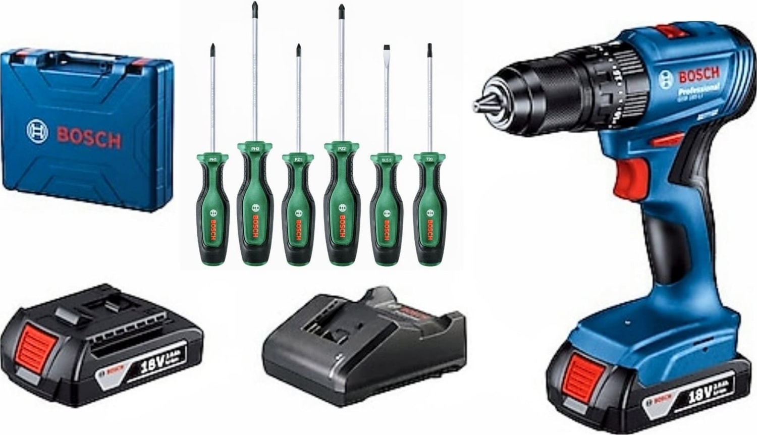 BOSCH Gsb 185-LI Darbeli Kömürsüz Çift Bataryalı ve  6 Lı Tornavida Seti Hediye