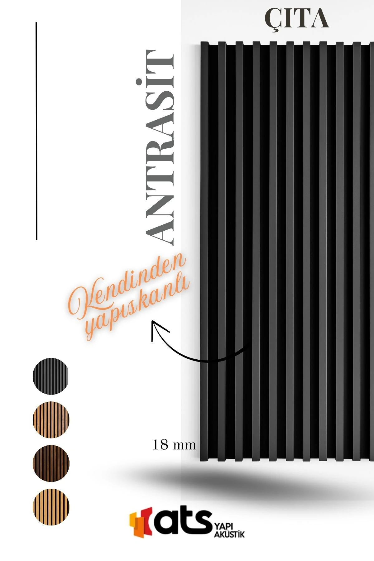 Antrasit Kendinden Yapışkanlı Çıta – 12 Adet | 240 cm Uzunluk | 8 mm Kalınlık Duvar Dekor Paneli