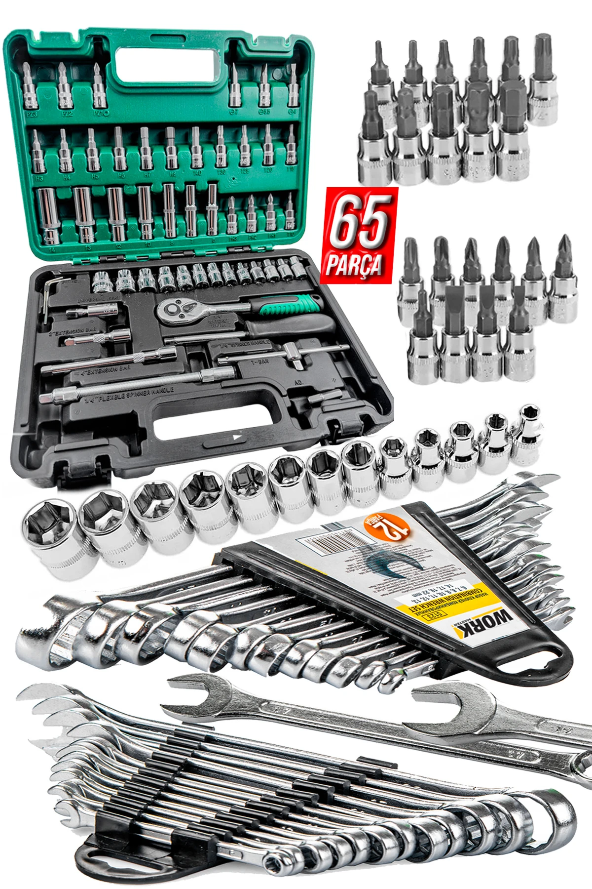 PRO 65 Parça 53 Lokma Takımı Otomatik Cırcırlı 1/4" 12 Parça Kombine Açık Ağız-yıldız Anahtar set