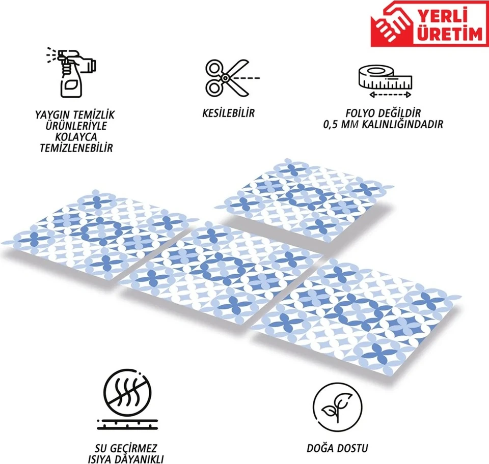 Kendinden Yapışkanlı Mavi Çiçek Desenli Pvc Karo 30X30 cm (33 Adet) 3m2