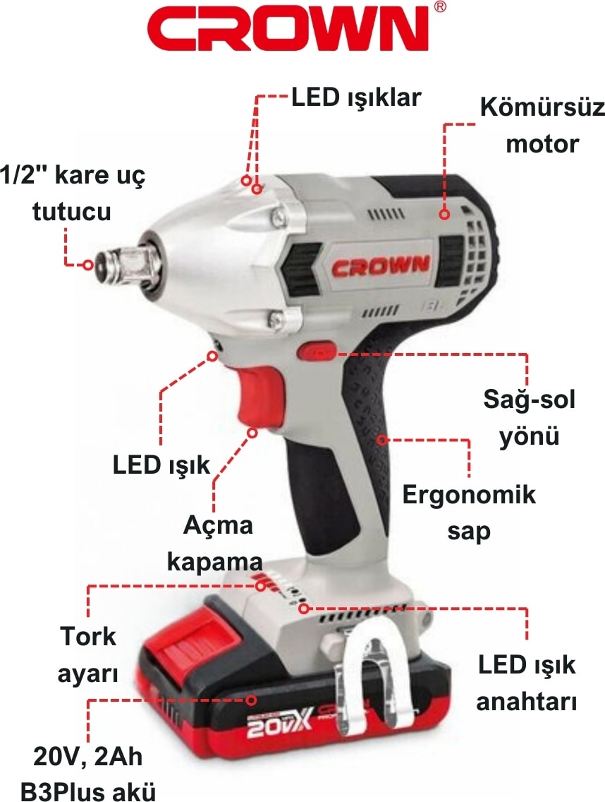 Değişken Torklu Akülü Somun Sıkma Makinesi 20 V - 2 Ah CT22015HX-2 Tb - Bakır Sargılı Kömürsüz Motorlu Çift Akülü Şarjlı Darbeli