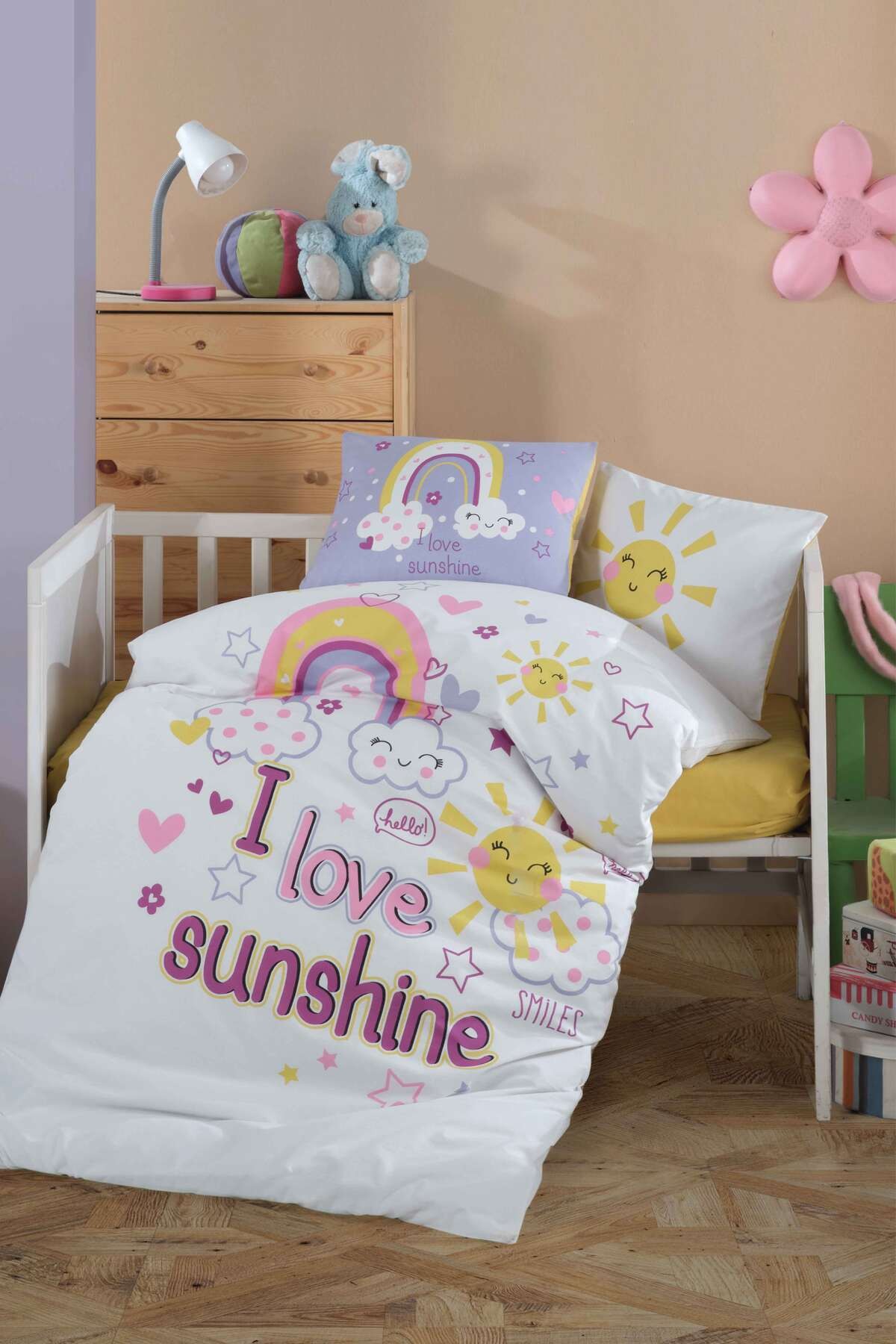 Ranforce %100 Pamuk Bebek Nevresim Takımı Sun Love Sarı