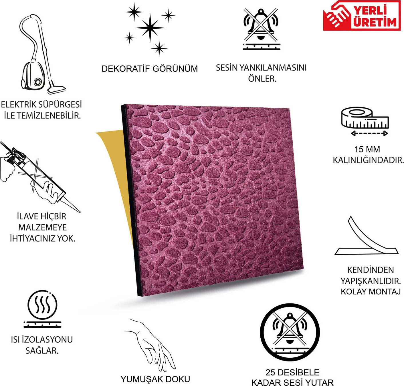 Bordo Embos Keçe Ses ve Isı Yalıtım Paneli 40 x 40 cm