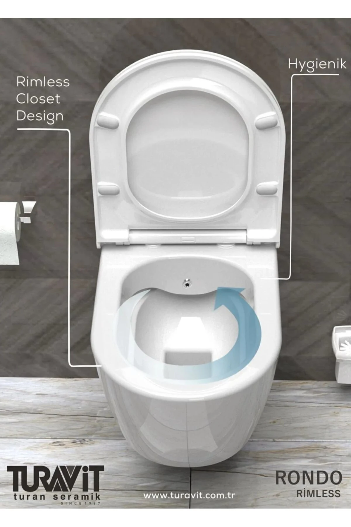 Turavit Rondo Beyaz Kanalsız Asma Klozet RND5512, Nkp Grande Yavaş Kapak