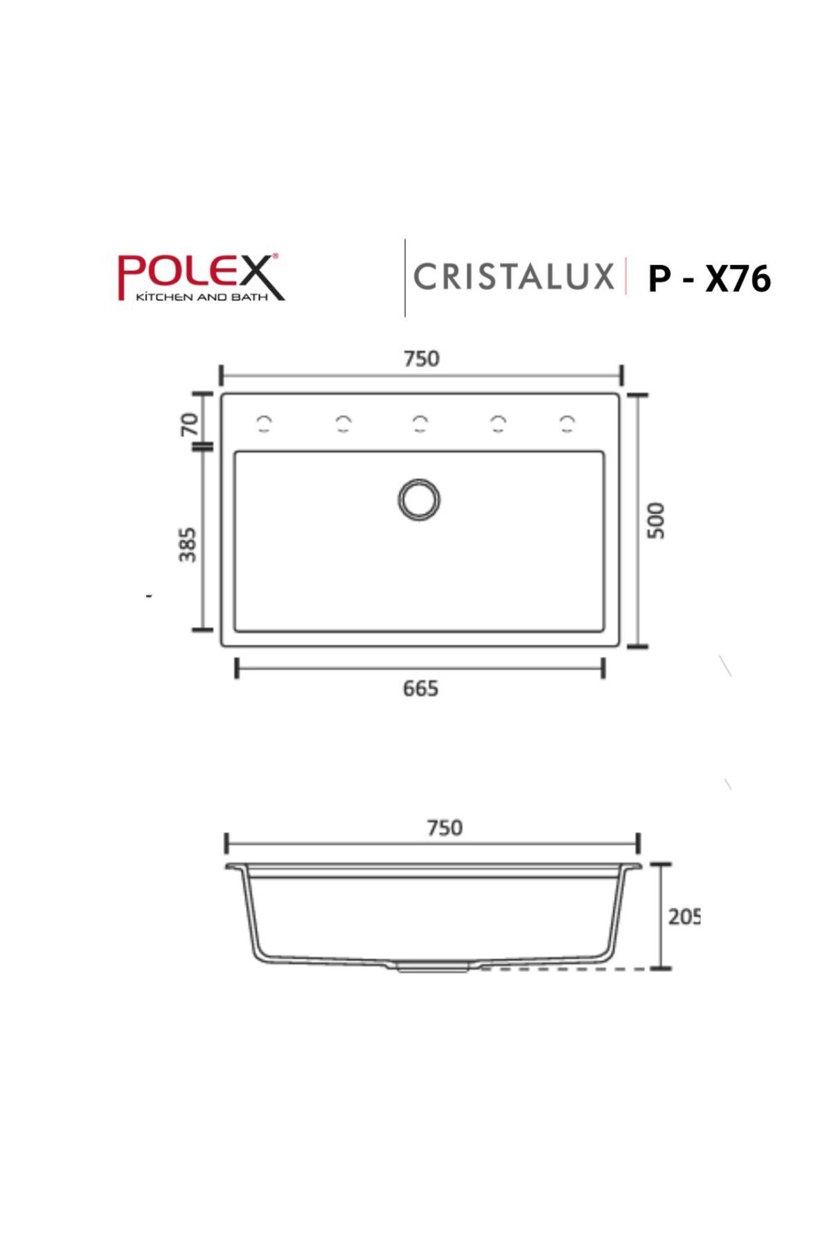 Cristalüx Granit Evye P-x76 Antrasit Tezgah Altı Ve Tezgah Üstü Mutfak Evyesi 75x50cm