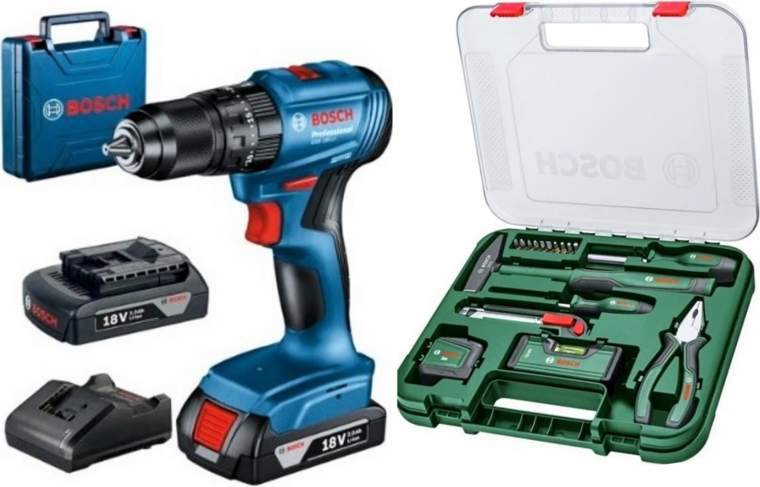 BOSCH Gsb 185-LI Darbeli Çift Batarya Şarjlı Matkap Vidalama ve  17 Parça El Aleti Seti Hediye