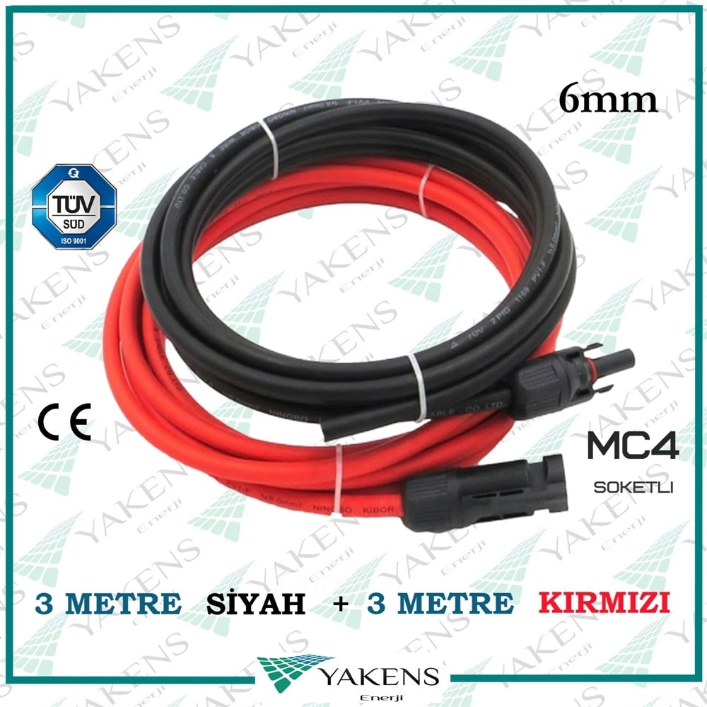 Mc4 Soketli (3m+3m) 6 Metre 6 mm Güneş Paneli Hazır Solar Kablo Siyah Kırmızı