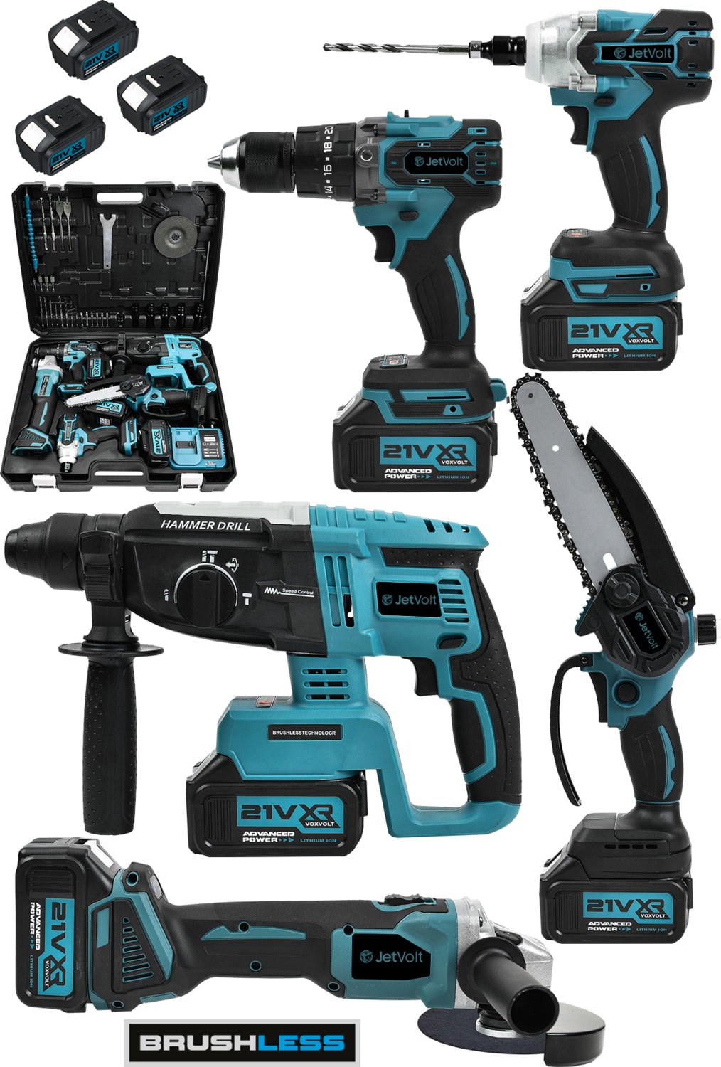 21V 2.0AH Kömürsüz Darbeli 5'li Set Şarjlı Hilti + Taşlama + Somun Sıkma + Akülü Vidalama + Budama Testeri - Mavi