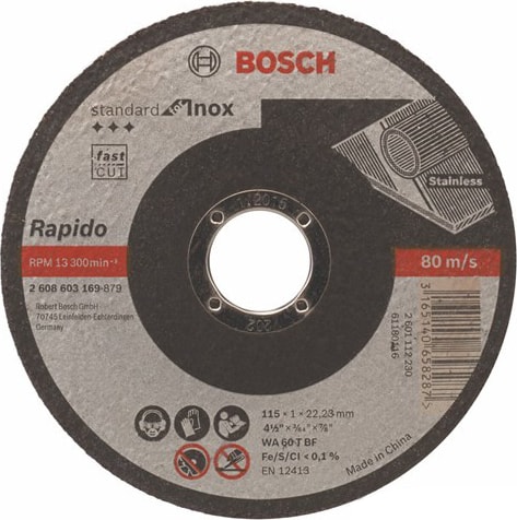 BOSCH - Standard Seri Inox (Paslanmaz Çelik) İçin Düz Kesme Diski (Taş) – Rapido - Wa 60 T Bf, 115 Mm, 22,23 Mm, 1,0 Mm