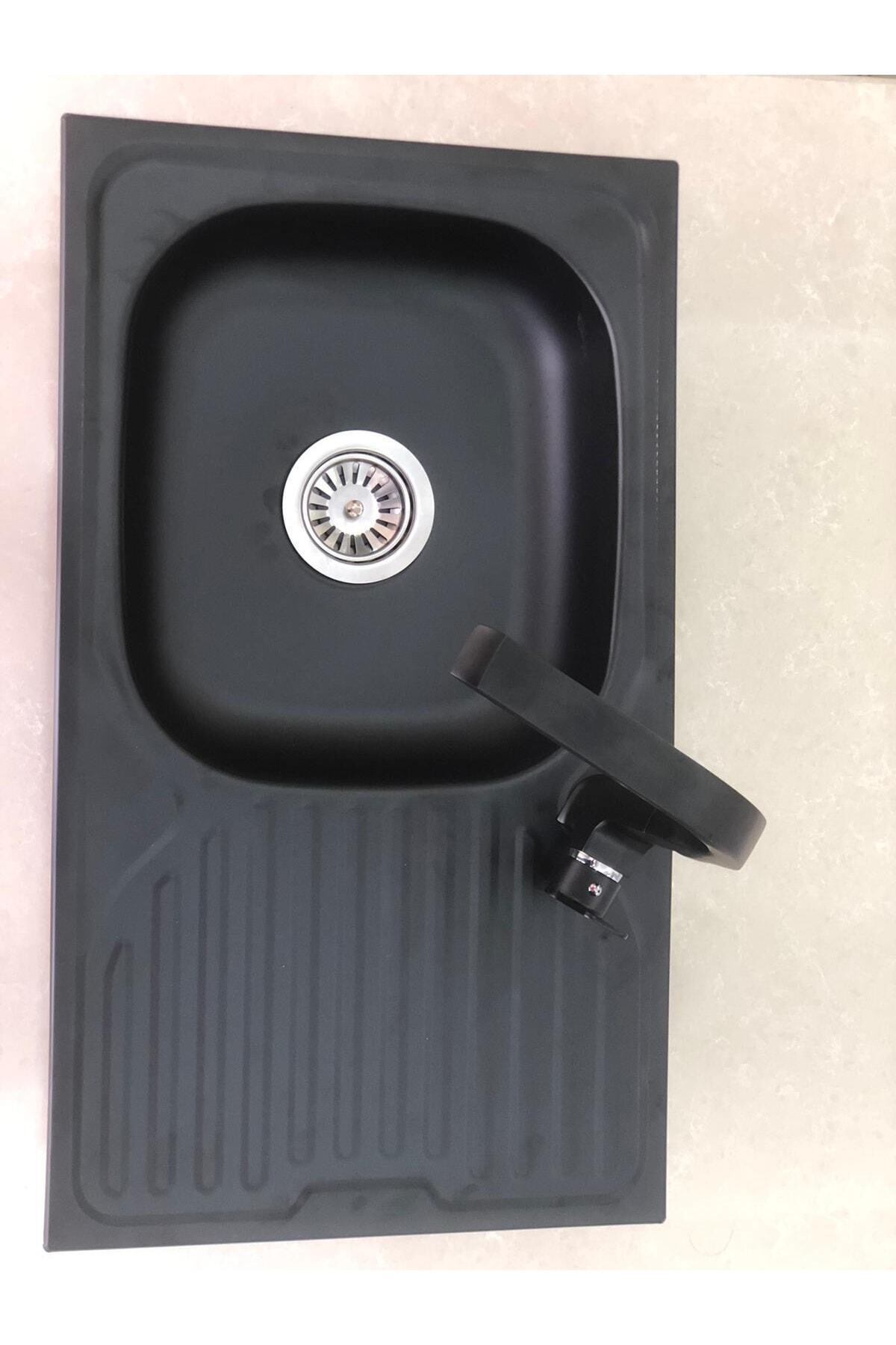 Siyah Grenli Granit Desen Kaplamalı Sağ Damlalıklı 43.5 X 76cm Ölçülerinde Paslanmaz Evye