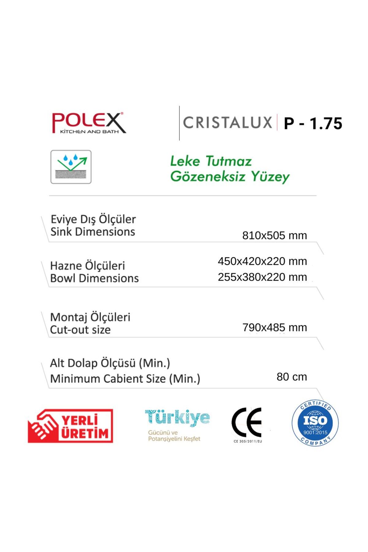 Cristalüx Granit Evye P-1,75 Antrasit 1,5 Gözlü Tezgah Altı Ve Tezgah Üstü Mutfak Evyesi 81x50,5cm
