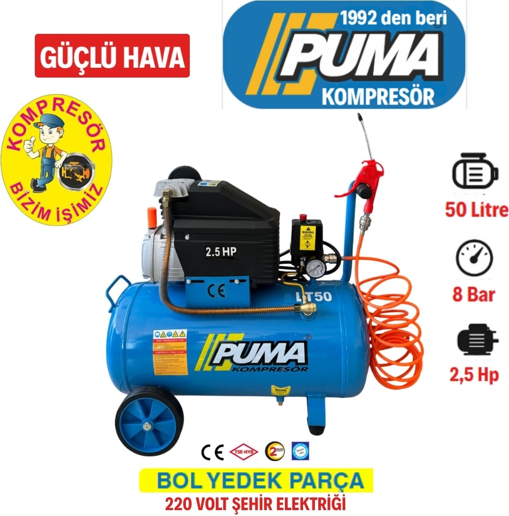 50 lt Yağlı Hava Kompresörü 50 litre kompresör 5 metre Hava hortumu ve Hava Tabancası HEDİYE