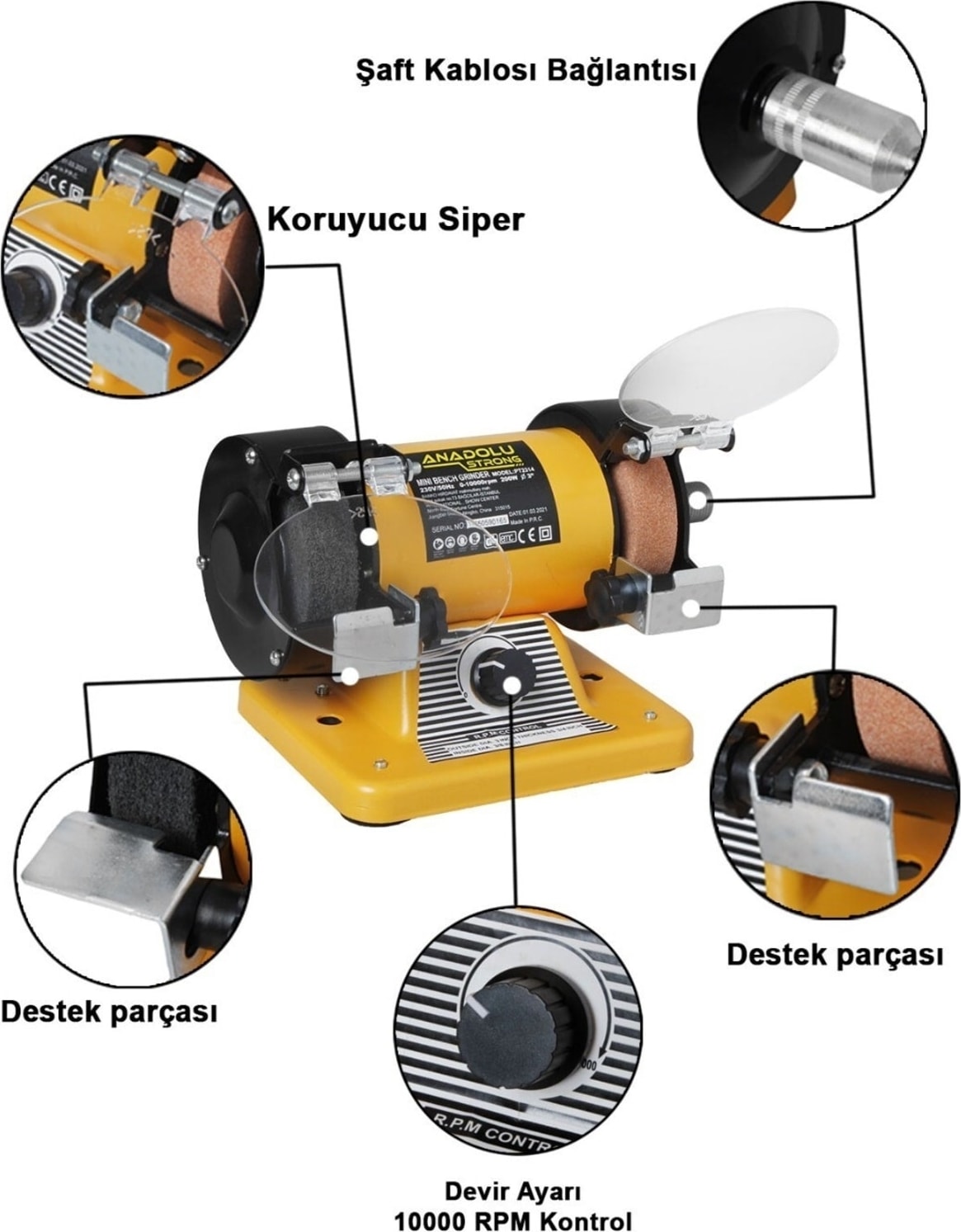 Turbo Motorlu 200 Watt Çark Motoru Zımpara Balta Bıçak Bileme Makinesi + 112 Parça Gravür Uç Seti