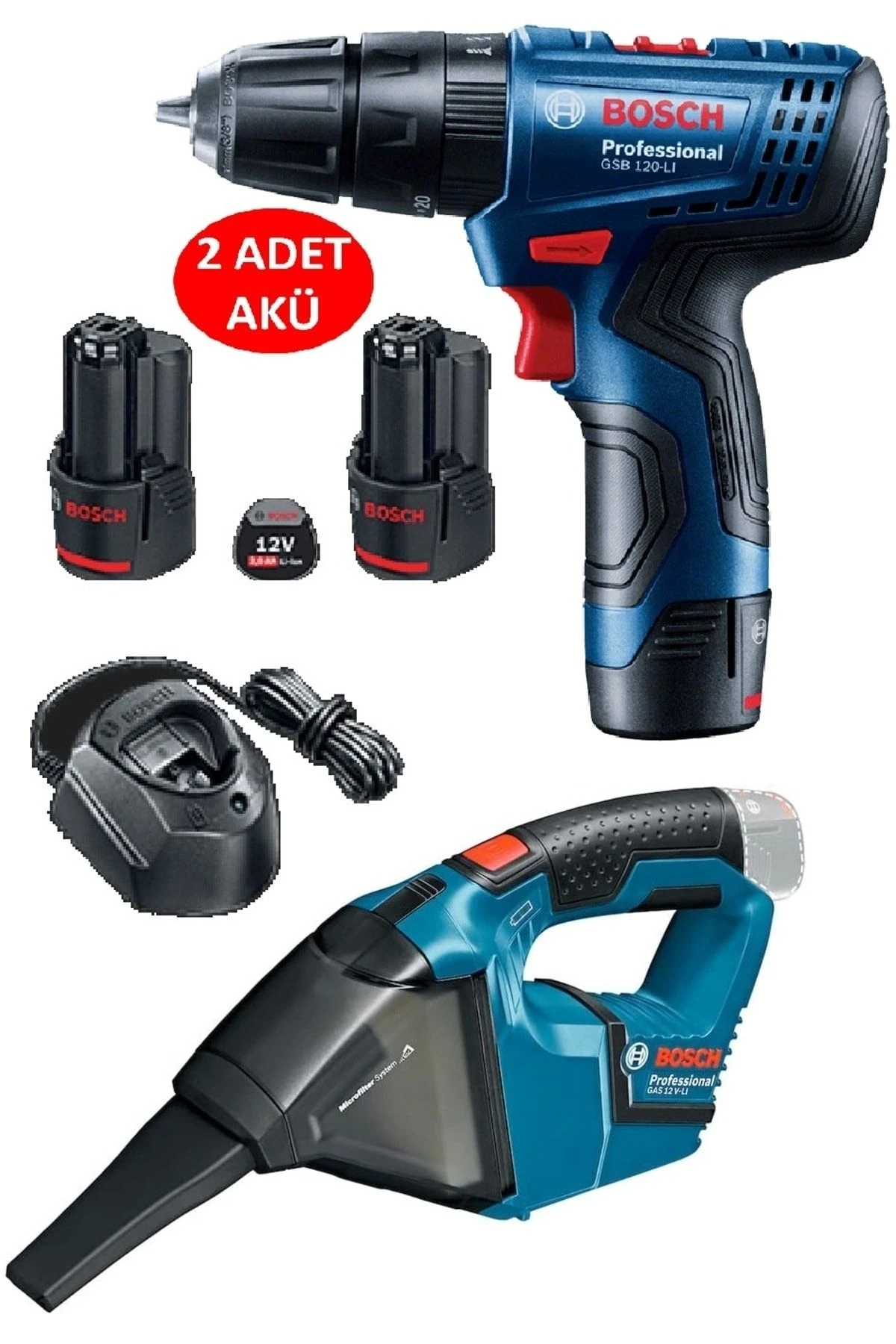 Şarjlı Matkap Darbeli Matkap Çift Akülü Vidalama +  GAS 12V Şarjlı Süpürge