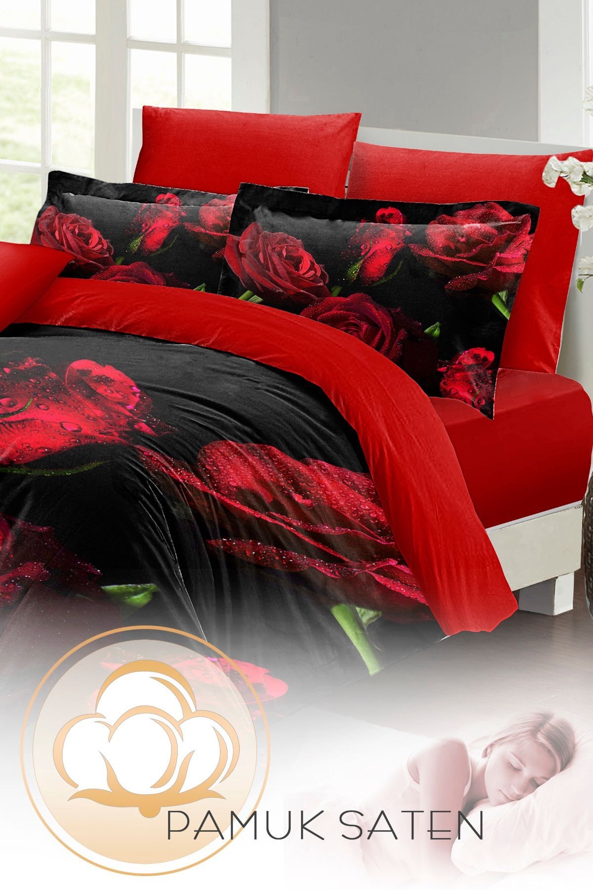 Nevresim Takımı %100 Doğal Pamuk Çift Kişilik 3d Digital Water Drop Rose