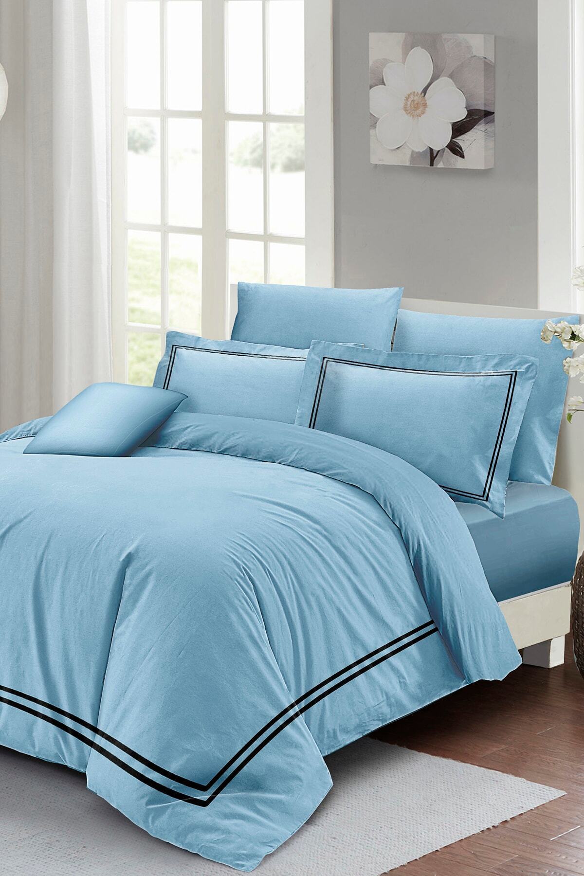 Kıng Sıze Çift Kişilik Nevresim Takımı %100 Luxury Pamuk Saten Mavi 220x240cm