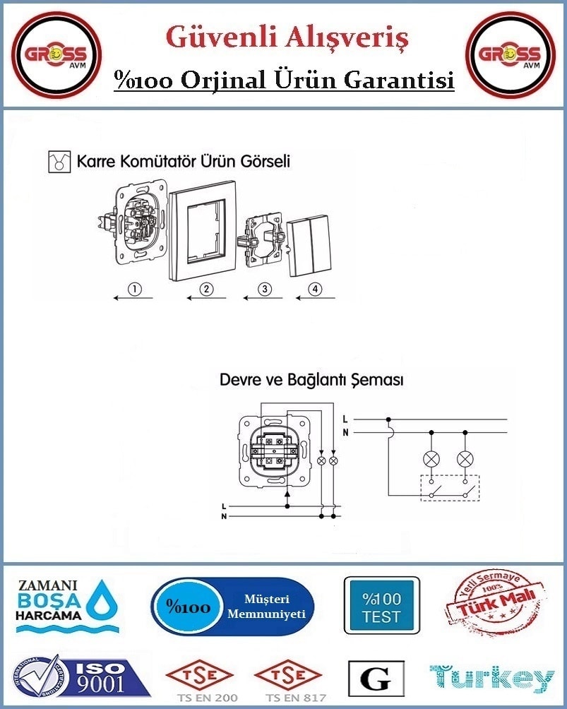 Karre Komitatör (İkili Anahtar) - Çerçeve Dahil - Beyaz - Orjinal Ürün