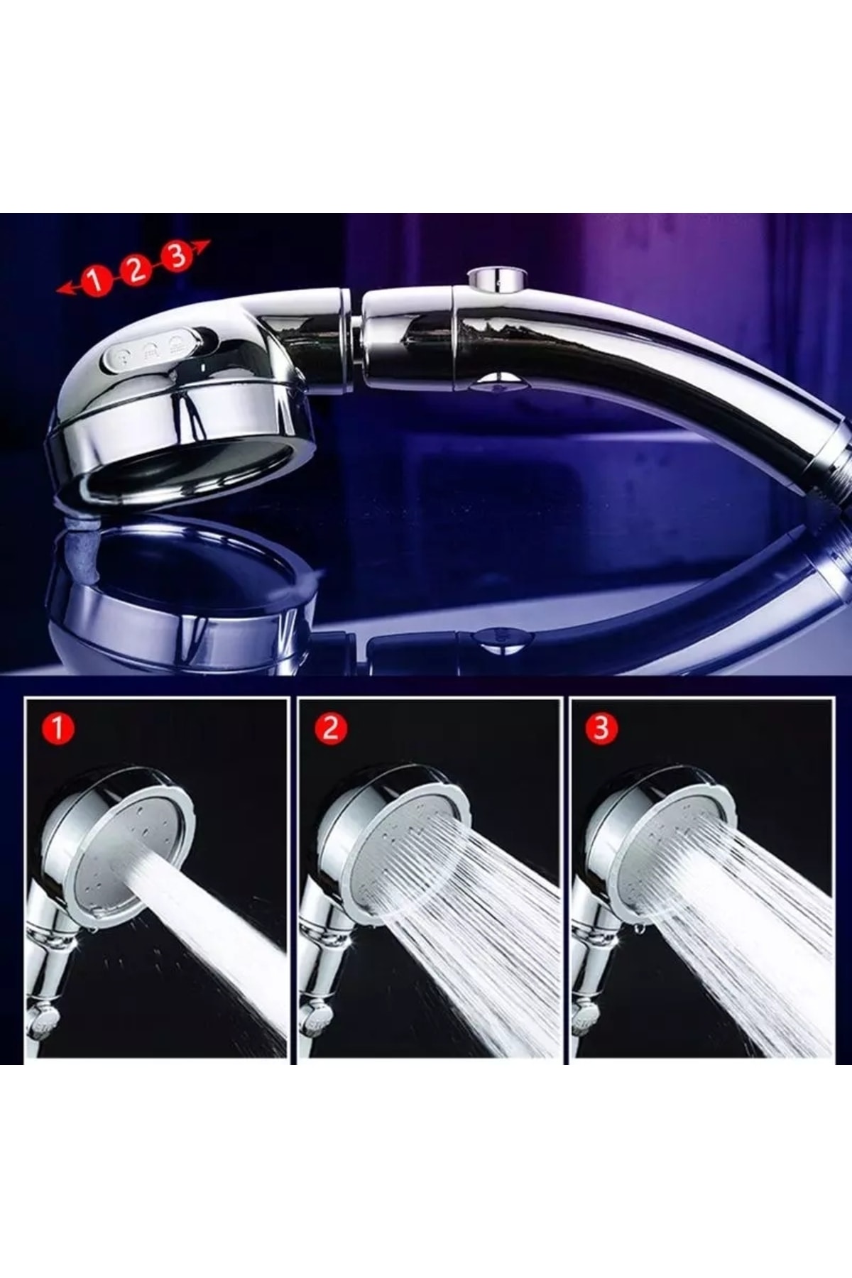 3 Fonksiyonlu Stoplu Krom Duş Başlığı, Krom Mafsal Ve Örgülü Hortum Duş Seti