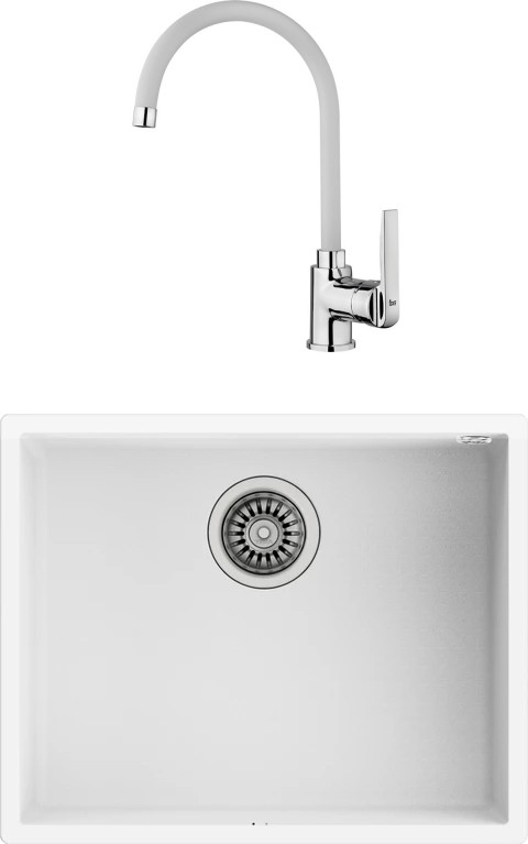 Square 50.40 Tg Tezgahaltı Granit Eviye - İn 995 Fw Kuğu Mutfak Bataryası - Beyaz Set