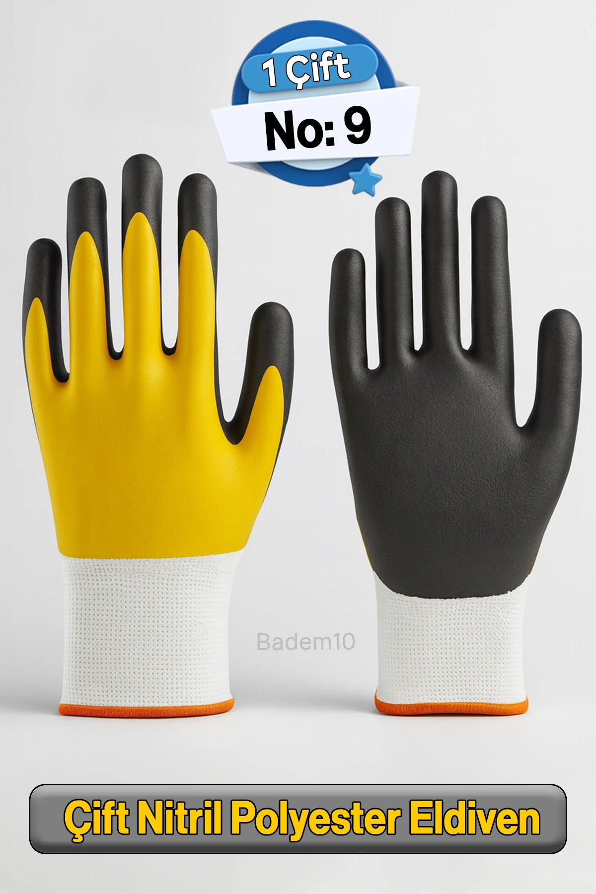 Çift Nitril Polyester Double Nitril İş Güvenlik İnşaat Eldiveni (Sarı-Siyah) No:9 L Beden