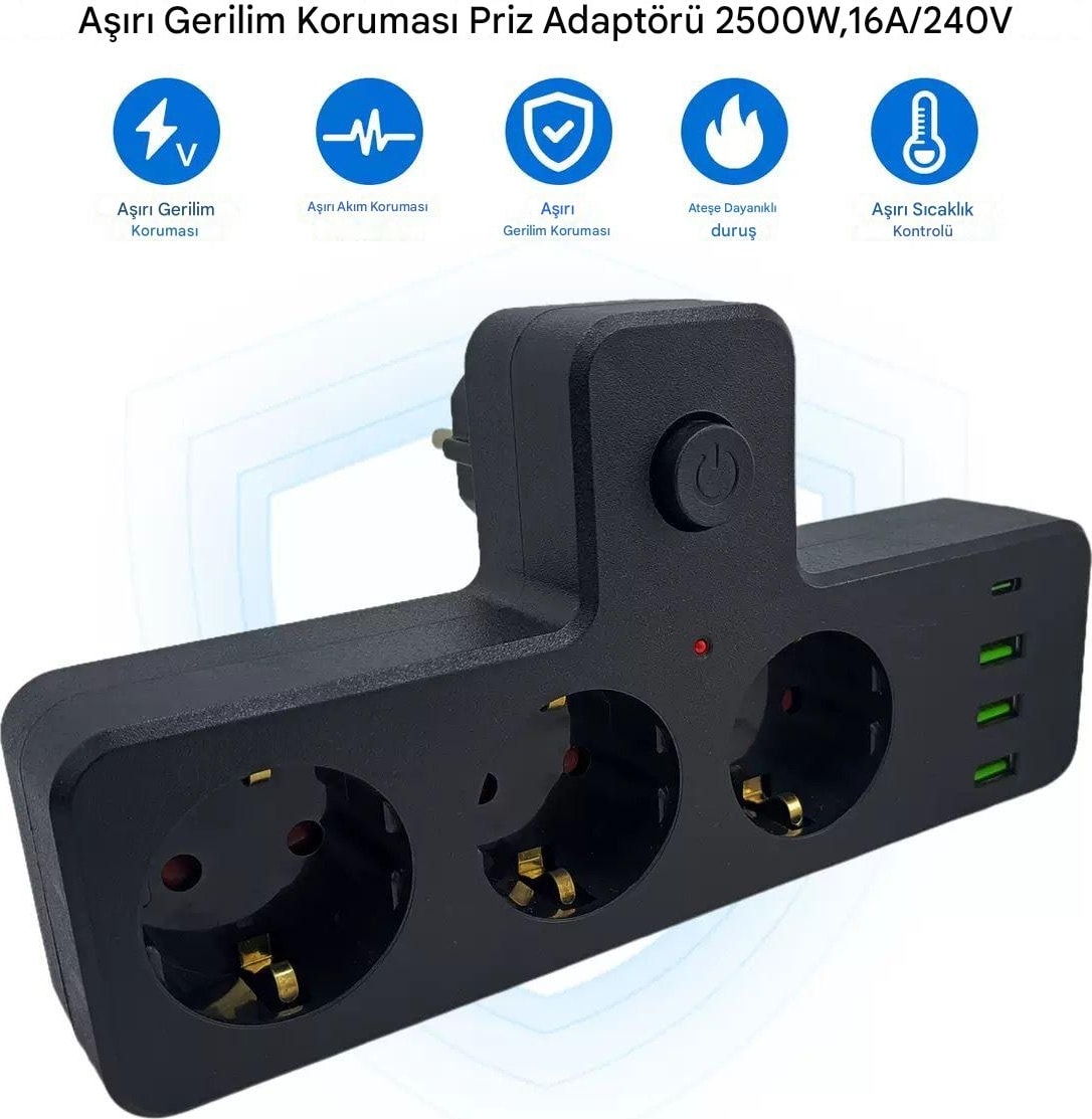 3'lü Termal Akım Korumalı Priz 3xusb 1xtype-C 20W Pd Giriş