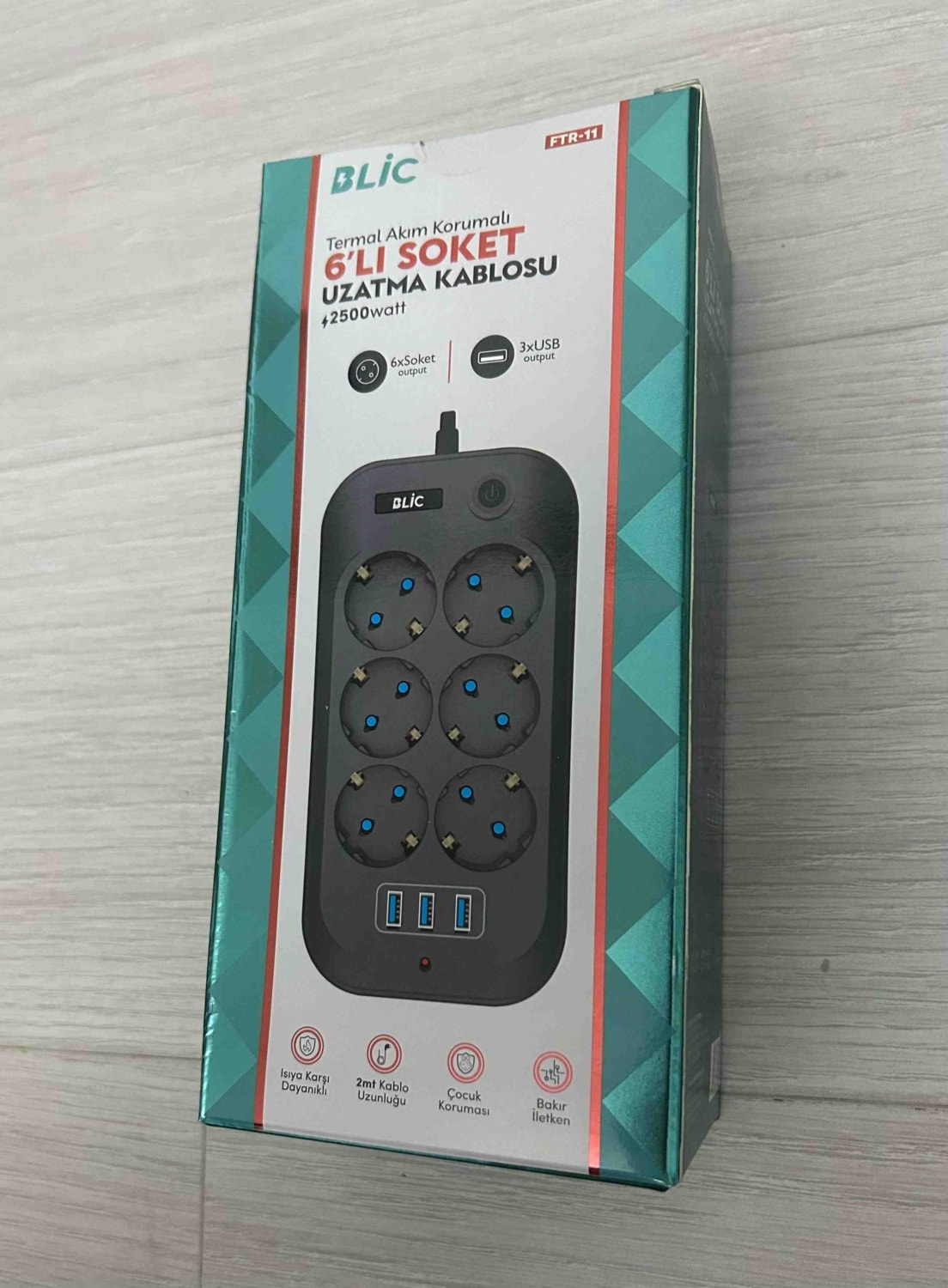 Rose Teknoloji Ftr-11 Termal Akım Korumalı 6 Priz 3 USB Girişli 2 Metre Uzatma Kablolu Priz