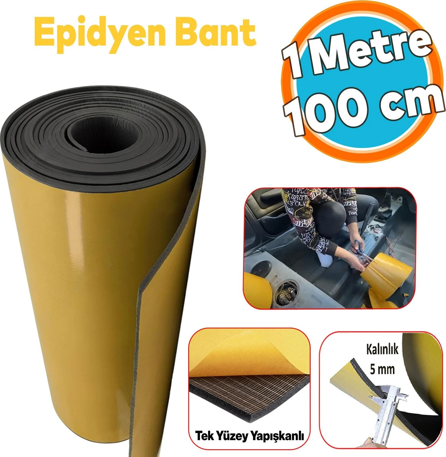 Yapışkanlı Araç Ses Isı Yalıtım Izolasyon Bandı EN:100 cm Kalınlık:5 mm Uzunluk:1 Metre Kauçuk
