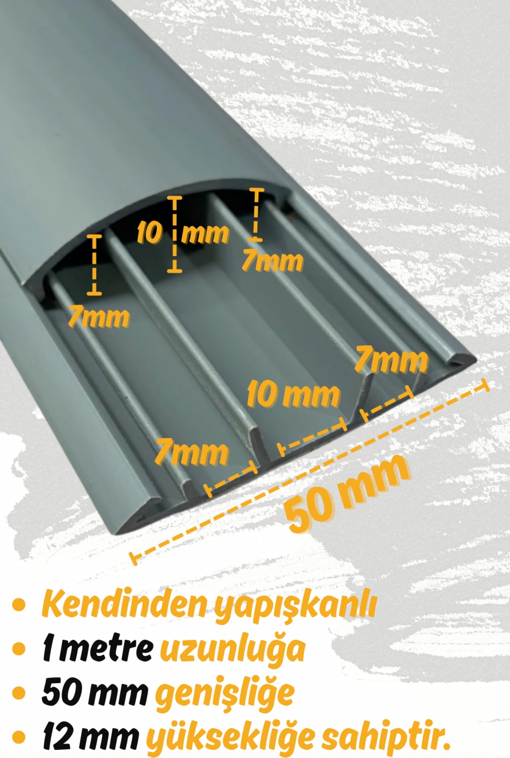 1m Kendinden Yapışkanlı 50X12MM Gri Balık Sırtı Kablo Kanalı