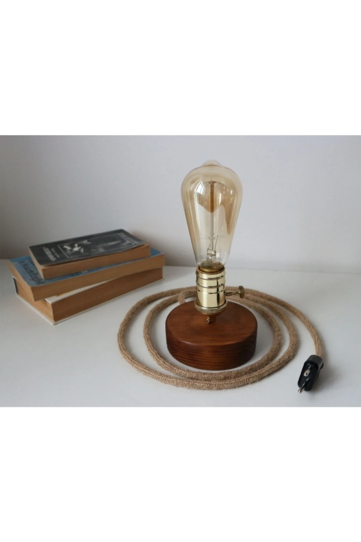 Eskitme Sarı Duylu Anahtarlı Retro Rustik Ahşap Masa Lambası - Abajur