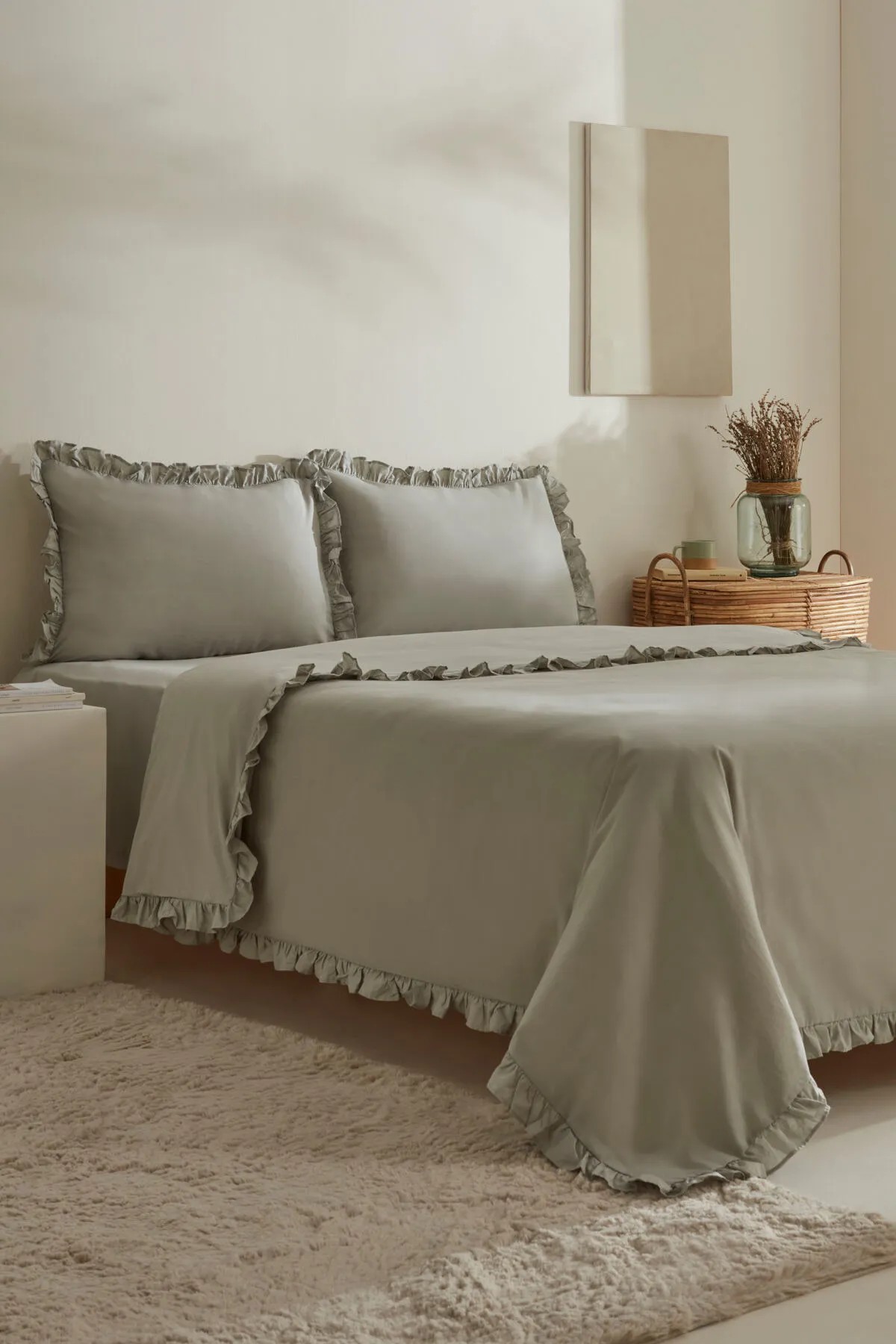 Pure Ruffle %100 Pamuk Çift Kişilik Nevresim Takımı Adaçayı