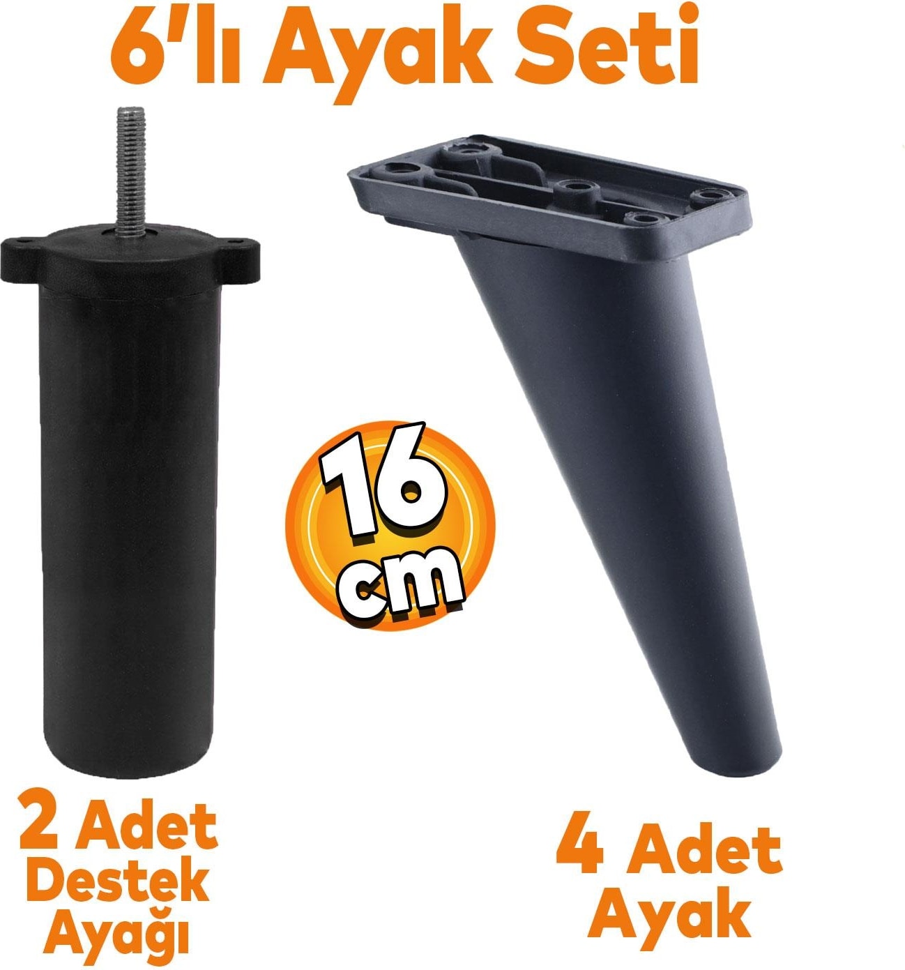Regnum 6'lı Set Mobilya Tv Ünitesi Çekyat Koltuk Kanepe Destek Ayağı 16 cm Siyah Ayak M8 Civatalı