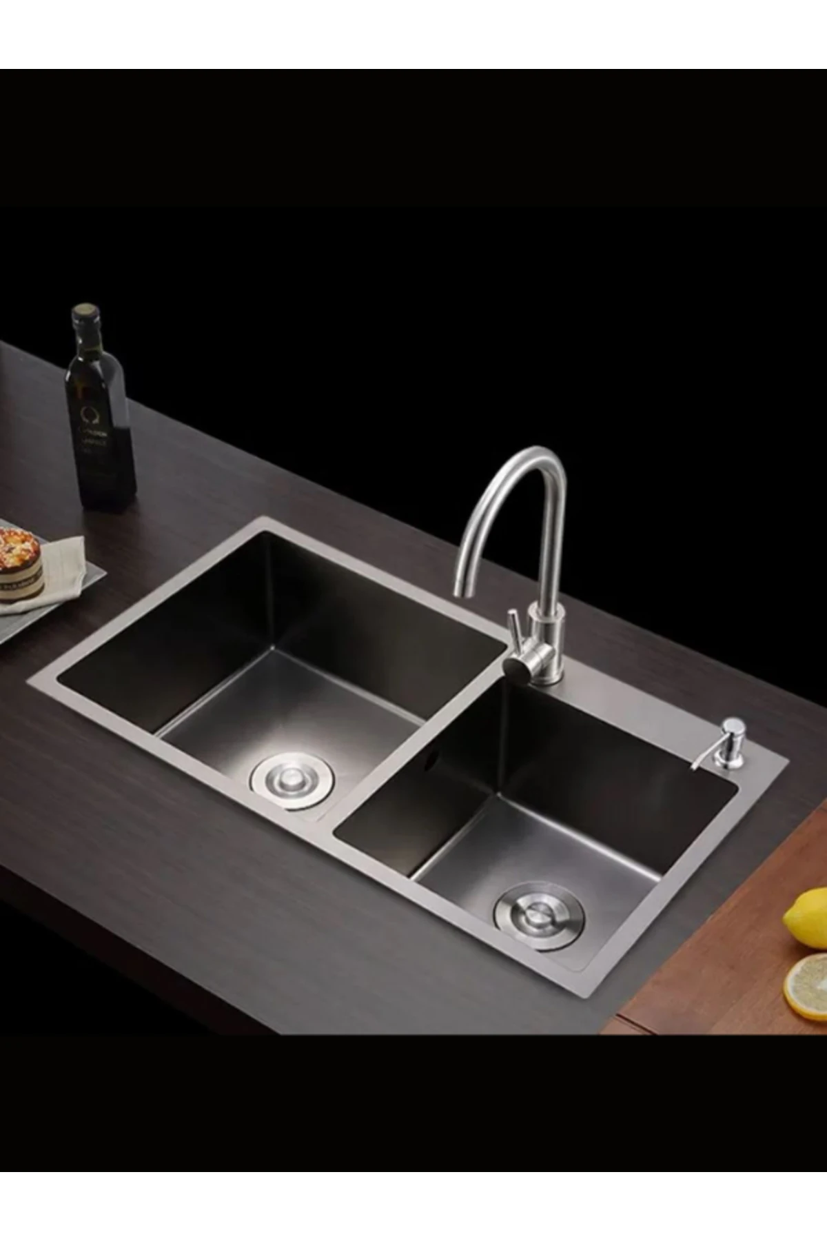 Multitop Çift Göz Paslanmaz Çelik Mutfak Evyesi Antrasit (SİYAH) Renk 76x45cm -2 Göz Eviye