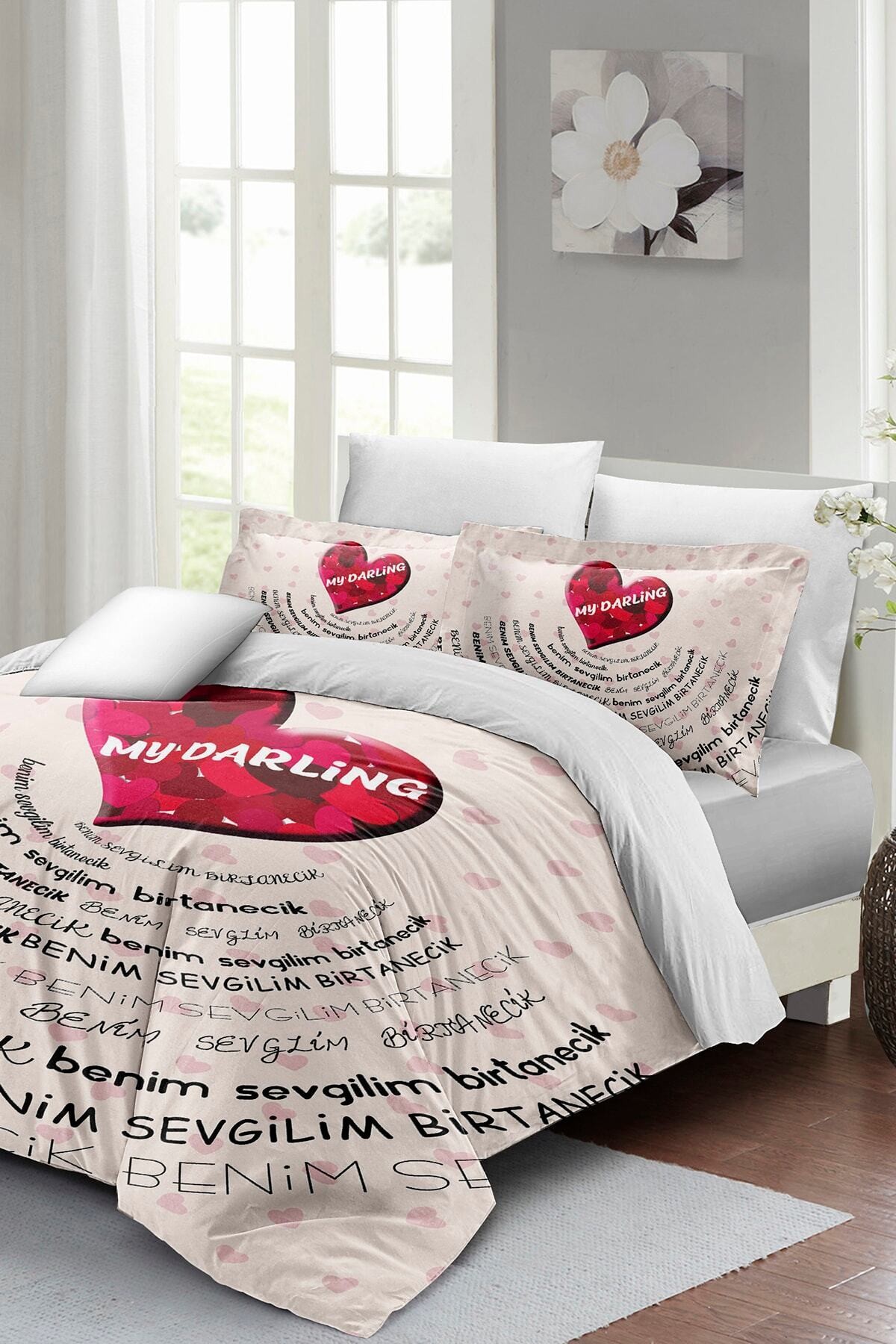 Kıng Sıze Sevgililer Günü Çift Kişilik Nevresim Takımı%100 Pamuk Saten Darling White 220x240cm